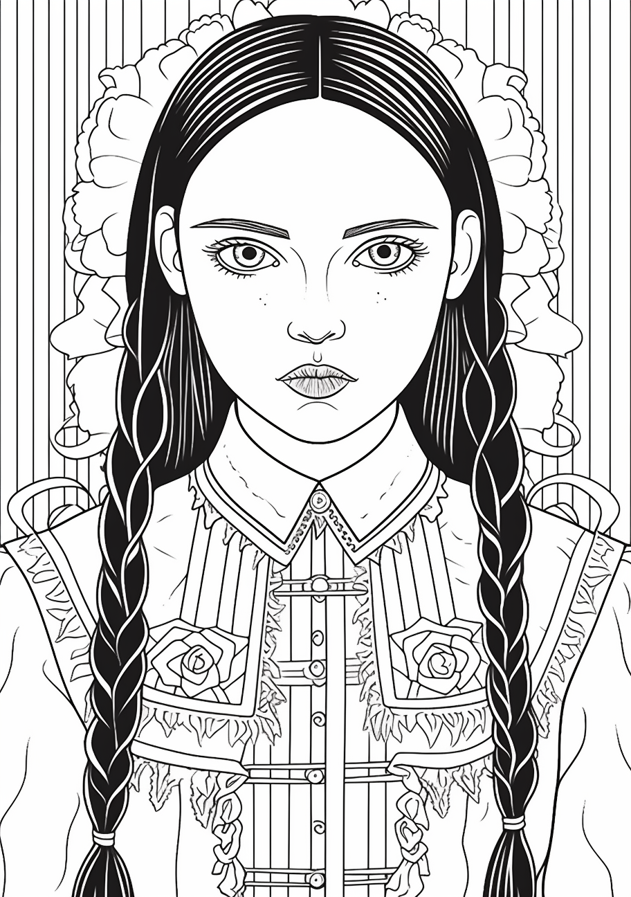 Detailed portrait drawing of Wednesday Addams highlighting her signature braided hair and outfit. printable coloring page, black and white, free download