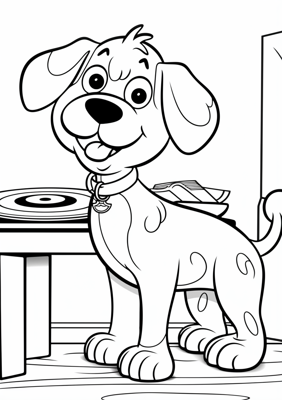 A food-loving cartoon dog staring at a filled food bowl, depicted with simple lines and subtle details. printable coloring page, black and white, free download