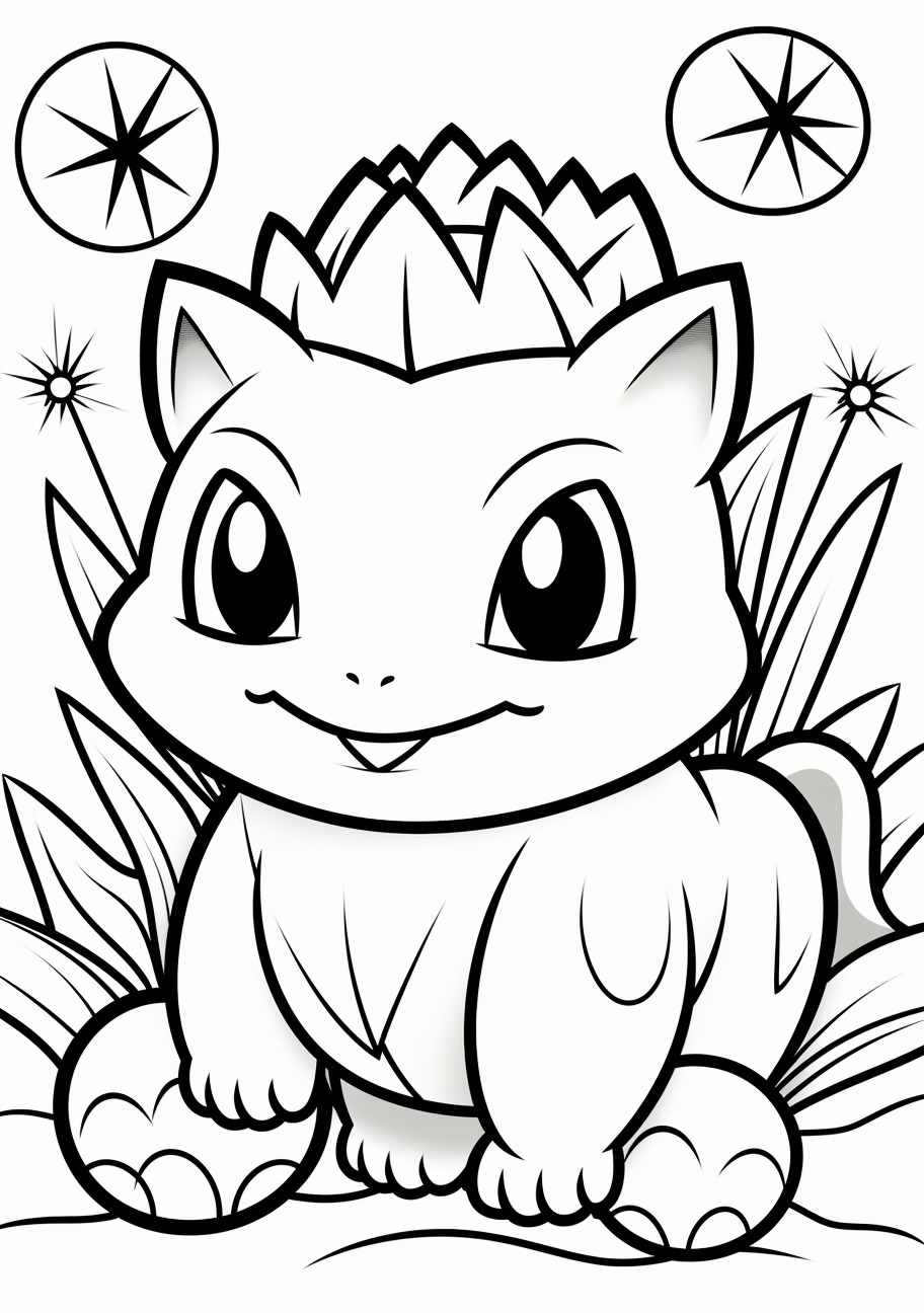 Bulbasaur in its natural habitat; simple lines with clear details. printable coloring page, black and white, free download