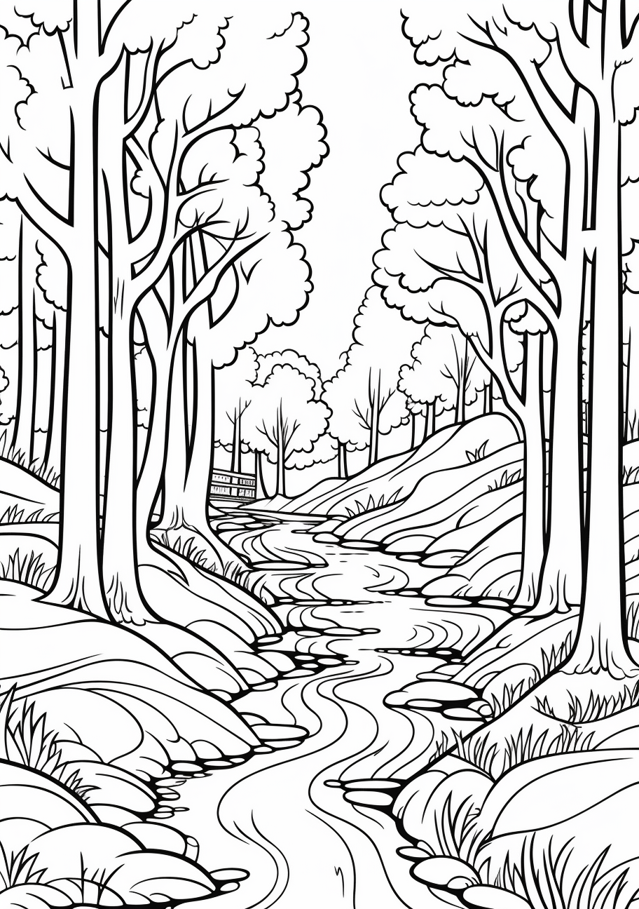 Features a serpentine river cutting through a dense woodland area; the trees are illustrated with intricate leaf patterns. printable coloring page, black and white, free download