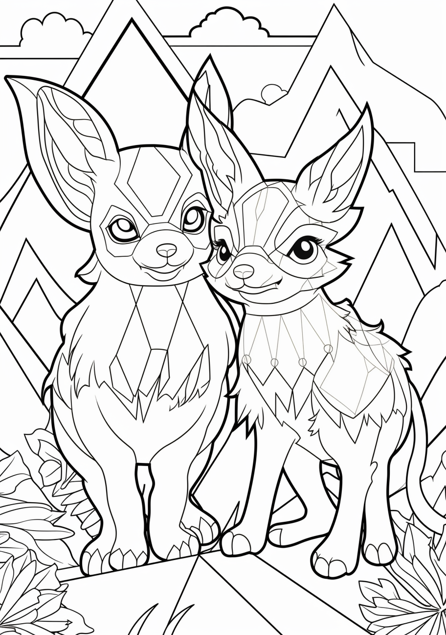 Stylized image of Pikachu and Eevee prepared for battle; strong lines and contrasting shapes. printable coloring page, black and white, free download