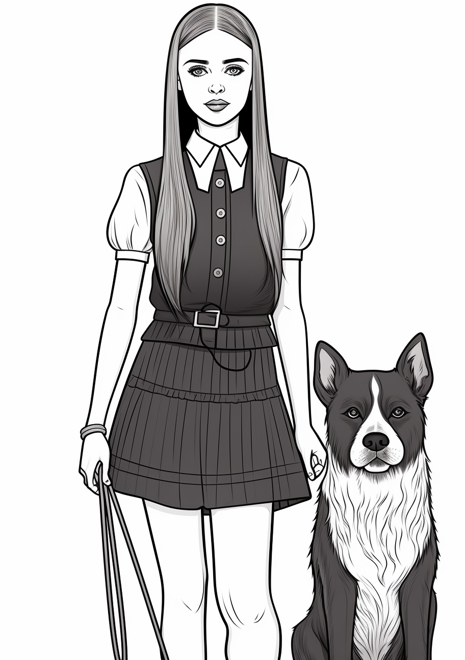 Wednesday Addams in classic attire with her pet; detailed image capturing facial expressions. printable coloring page, black and white, free download