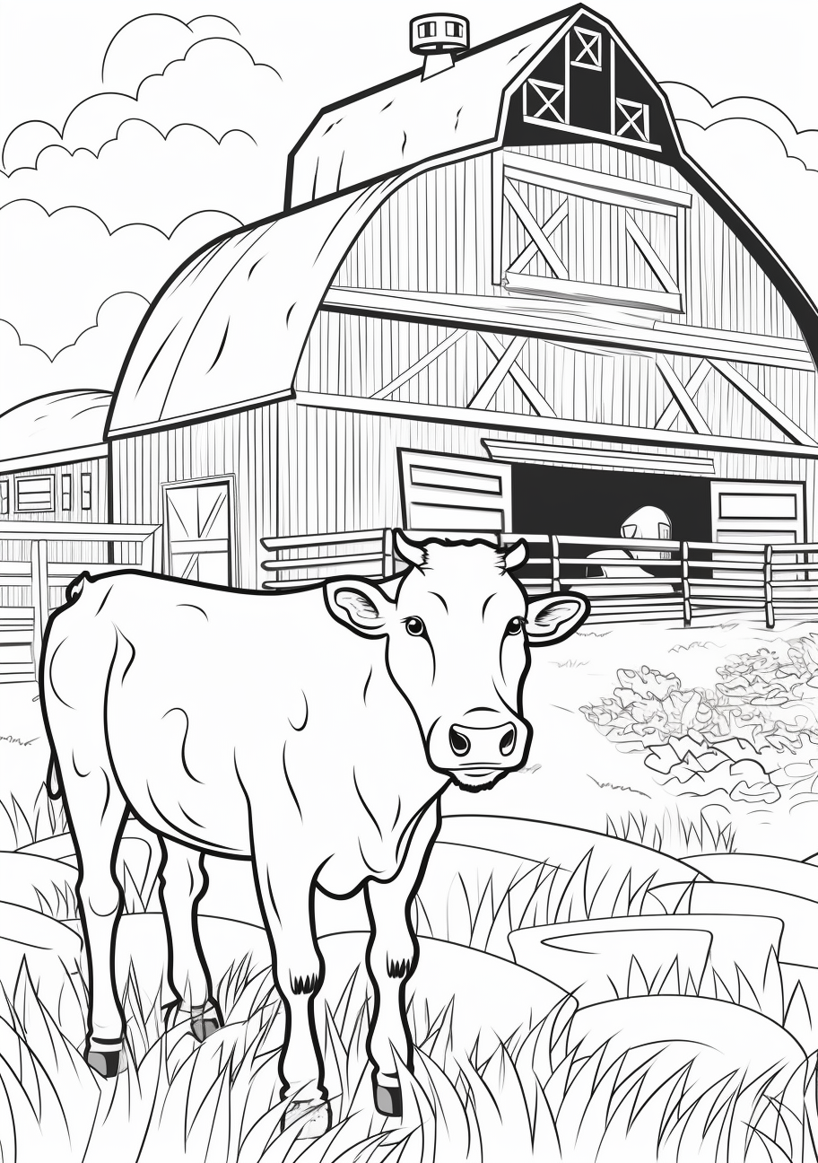 A friendly looking cow in cartoony style, surrounded by farm elements like a barn and bales of hay.printable coloring page, black and white, free download