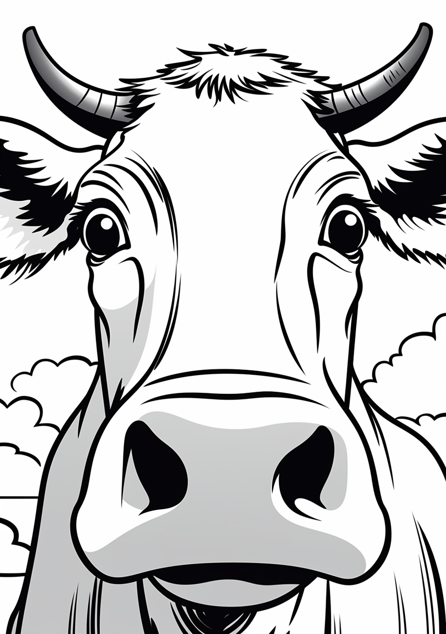 A close-up, detailed image of a single cow's face with a friendly expression.printable coloring page, black and white, free download