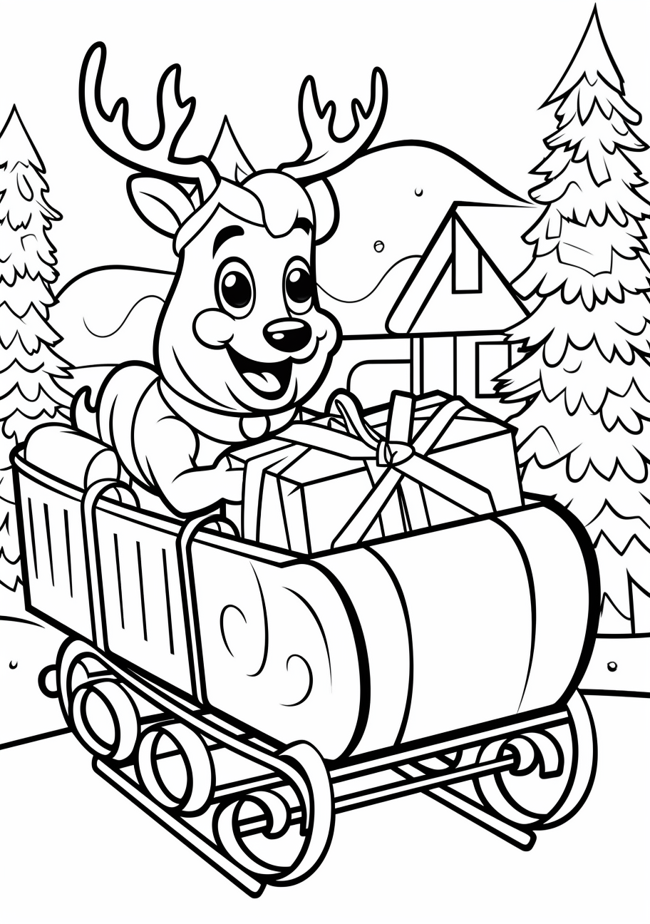 Image of Santa's sleigh being pulled by friendly reindeer; Bold outlines with detailed patterns on the gifts.printable coloring page, black and white, free download