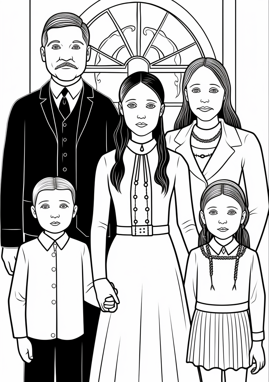Classic depiction of the Addams Family; features a well-defined Wednesday Addams and family. printable coloring page, black and white, free download
