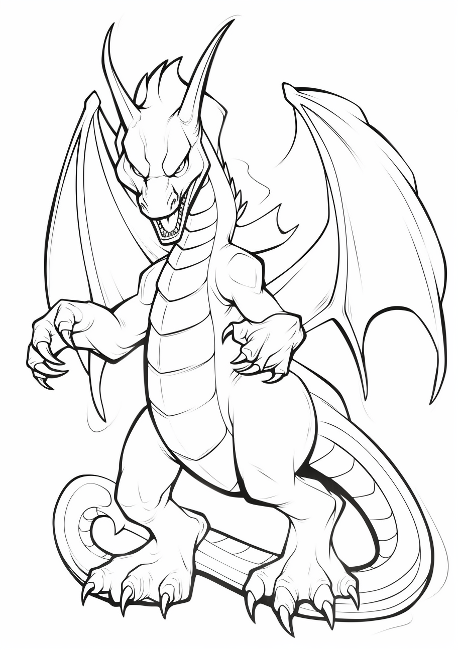 Simple yet powerful image of Charizard in action; bold, distinct outlines. printable coloring page, black and white, free download