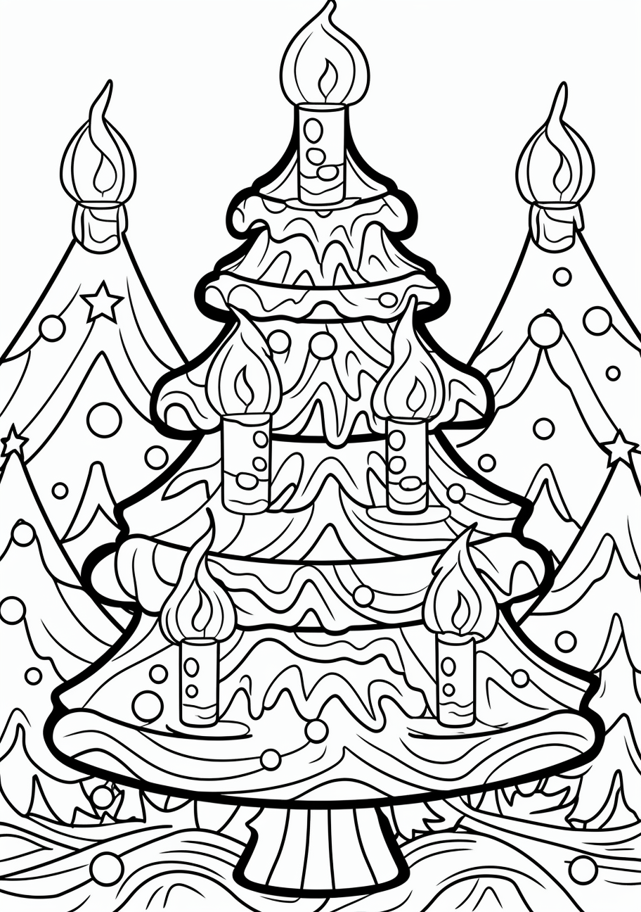 Traditional Christmas tree illuminated by candles; moderate details and bold outlines. printable coloring page, black and white, free download