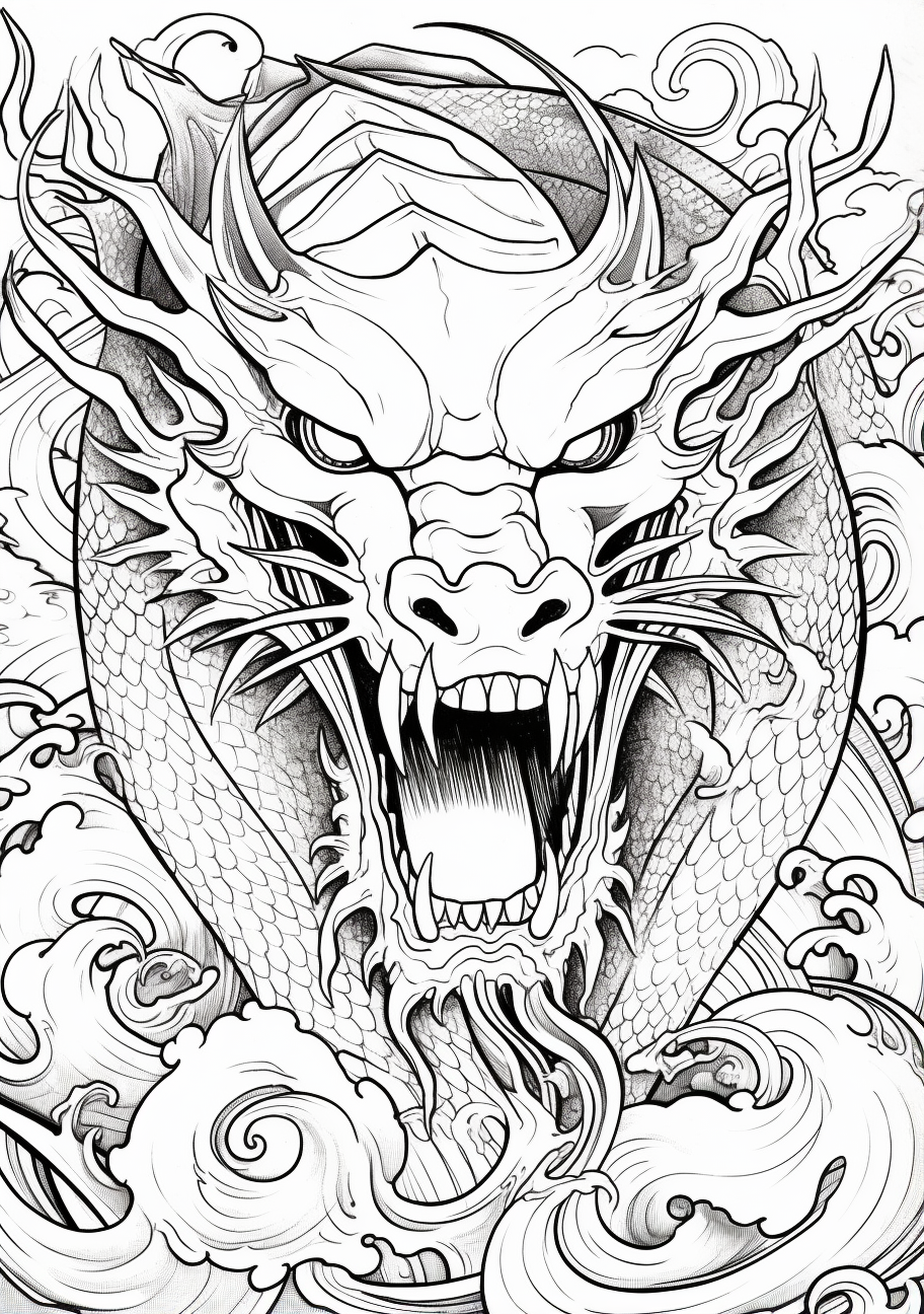 A dragon incarnate of inferno; characterized by detailed designs and elements.printable coloring page, black and white, free download
