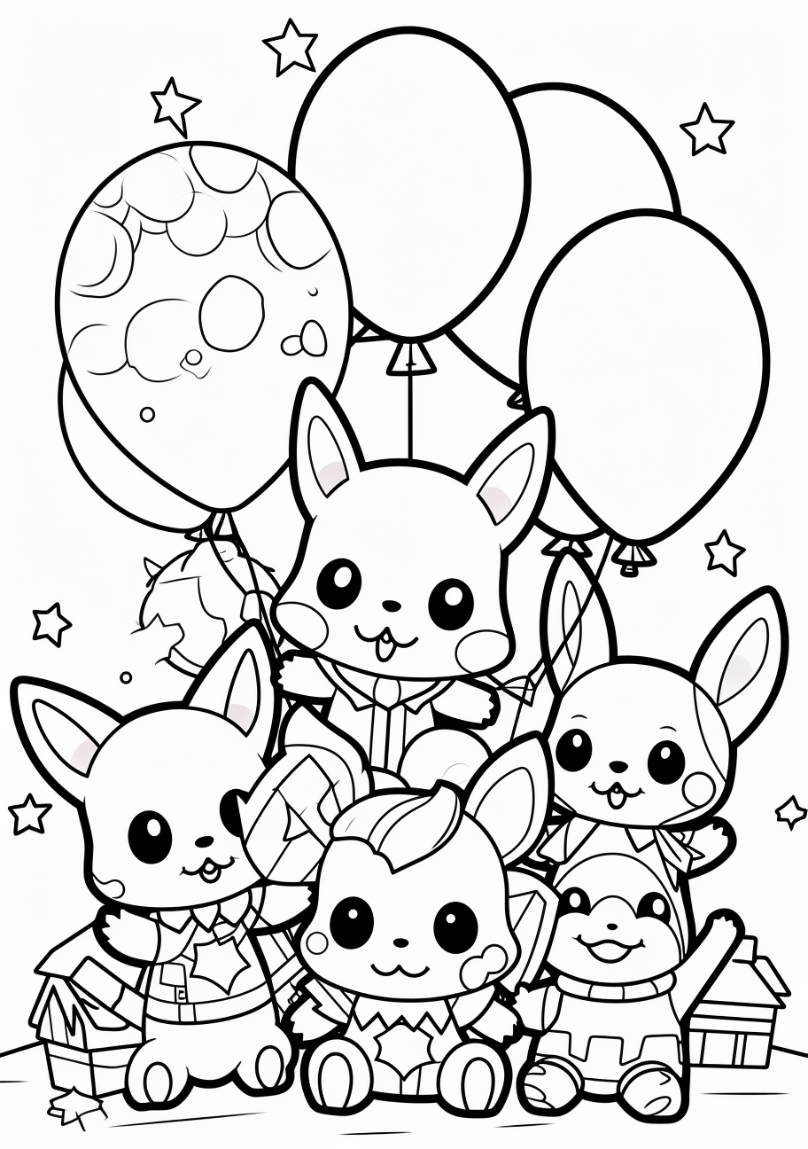 Pikachu and balloons, outlined in an easy to colour manner printable coloring page, black and white, free download