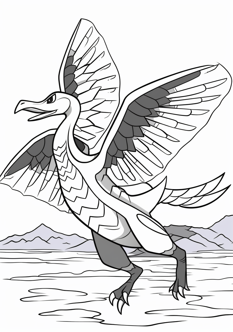 Illustration of Lugia as it emerges from water; bold, medium detailed lines. printable coloring page, black and white, free download