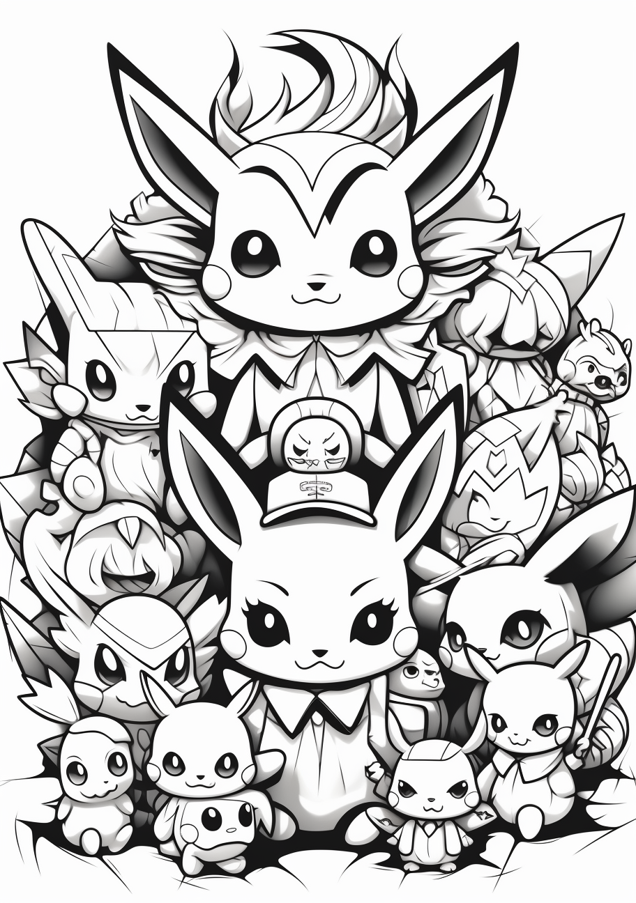 Group of Pokemon illustration with Pikachu as the center; emphasis on each Pokemon's unique attributes. printable coloring page, black and white, free download