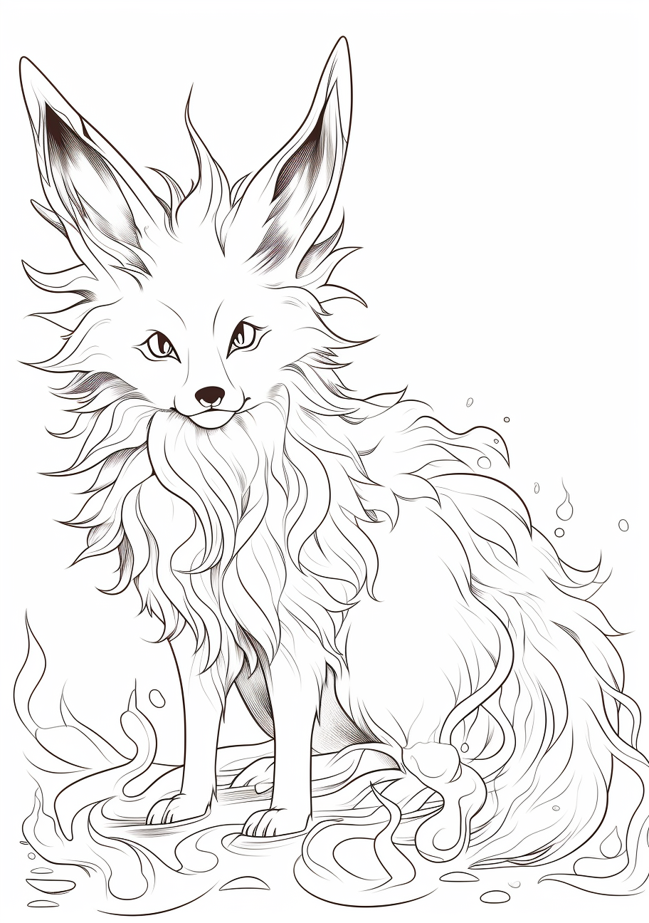 Flareon, Eevee's fiery evolution; detailed with flame-esque mane and tail. printable coloring page, black and white, free download