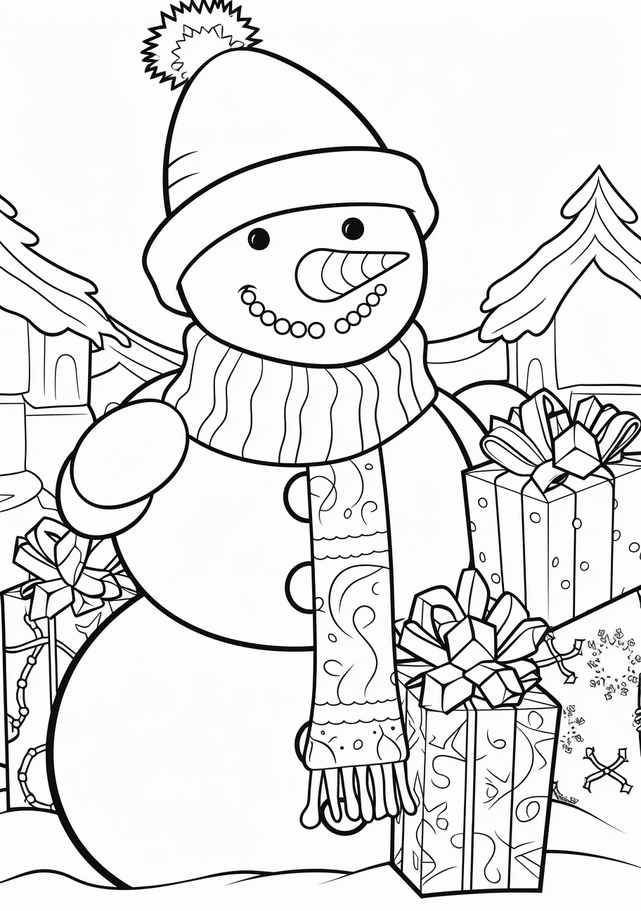 Cheerful snowman holding a sack full of presents; simple lines and intricate designs.printable coloring page, black and white, free download
