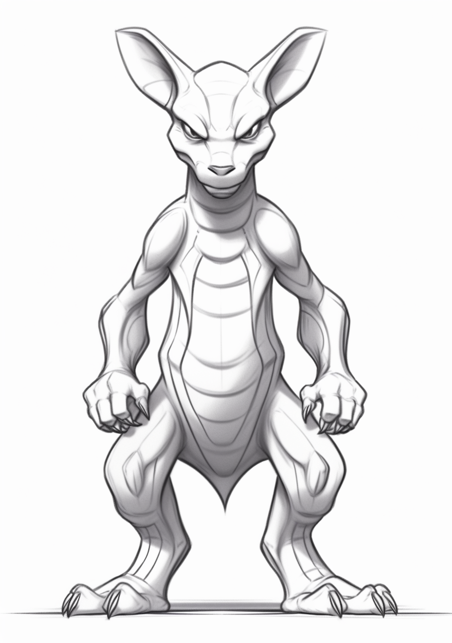 A striking sketch of Mewtwo; clear lines and detailed markings. printable coloring page, black and white, free download