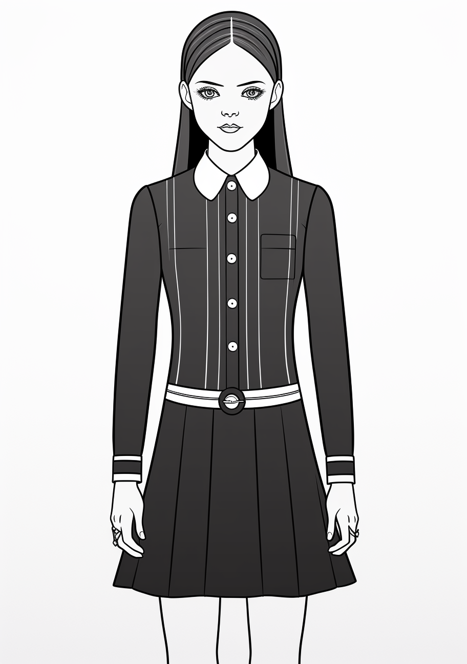 Wednesday Addams dressed in her characteristic black outfit; simple lines and delicate patterns. printable coloring page, black and white, free download