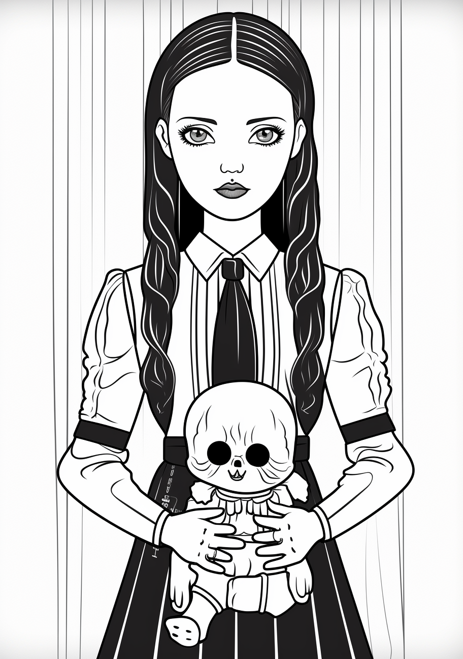 Wednesday Addams holding an unsettling doll; detailed outlines. printable coloring page, black and white, free download