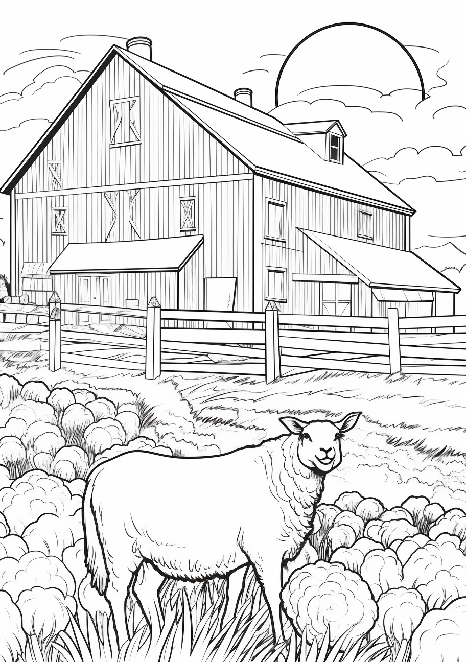 Countryside scenery featuring farm animals such as cows and hens; moderate lines with detailed textures.printable coloring page, black and white, free download