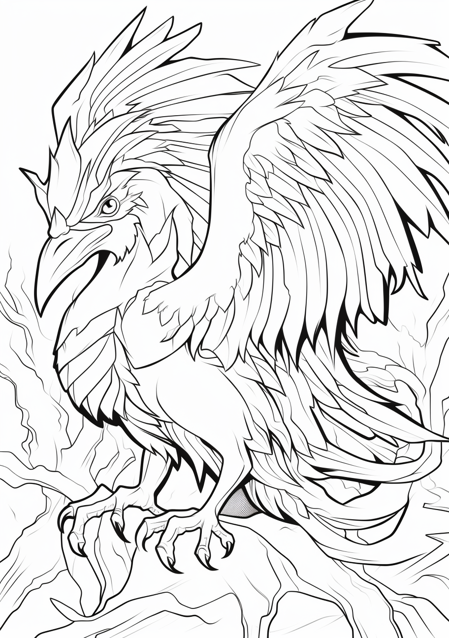 Articuno, showcasing its frosty feathers and elegant form; medium detailed lines and forms. printable coloring page, black and white, free download