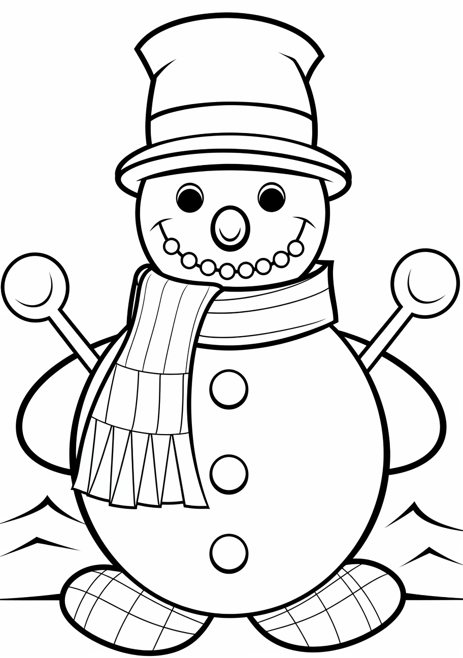 Snowman with scarf and coal-made eyes and mouth; bold, clean outlines.printable coloring page, black and white, free download