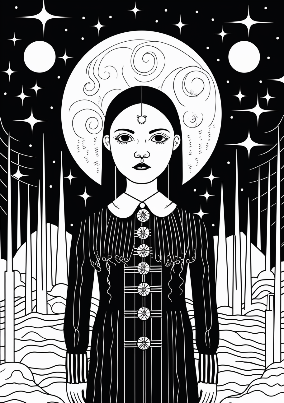 Wednesday Addams with stars encompassing her; several faces of the moon in the backdrop. printable coloring page, black and white, free download