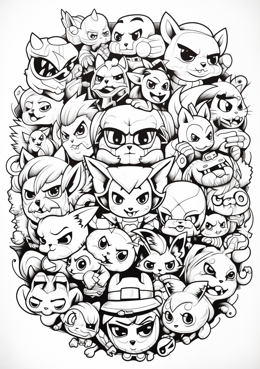 United Pokemon characters in Pokemon Go; diverse forms and dynamic shapes. printable coloring page, black and white, free download