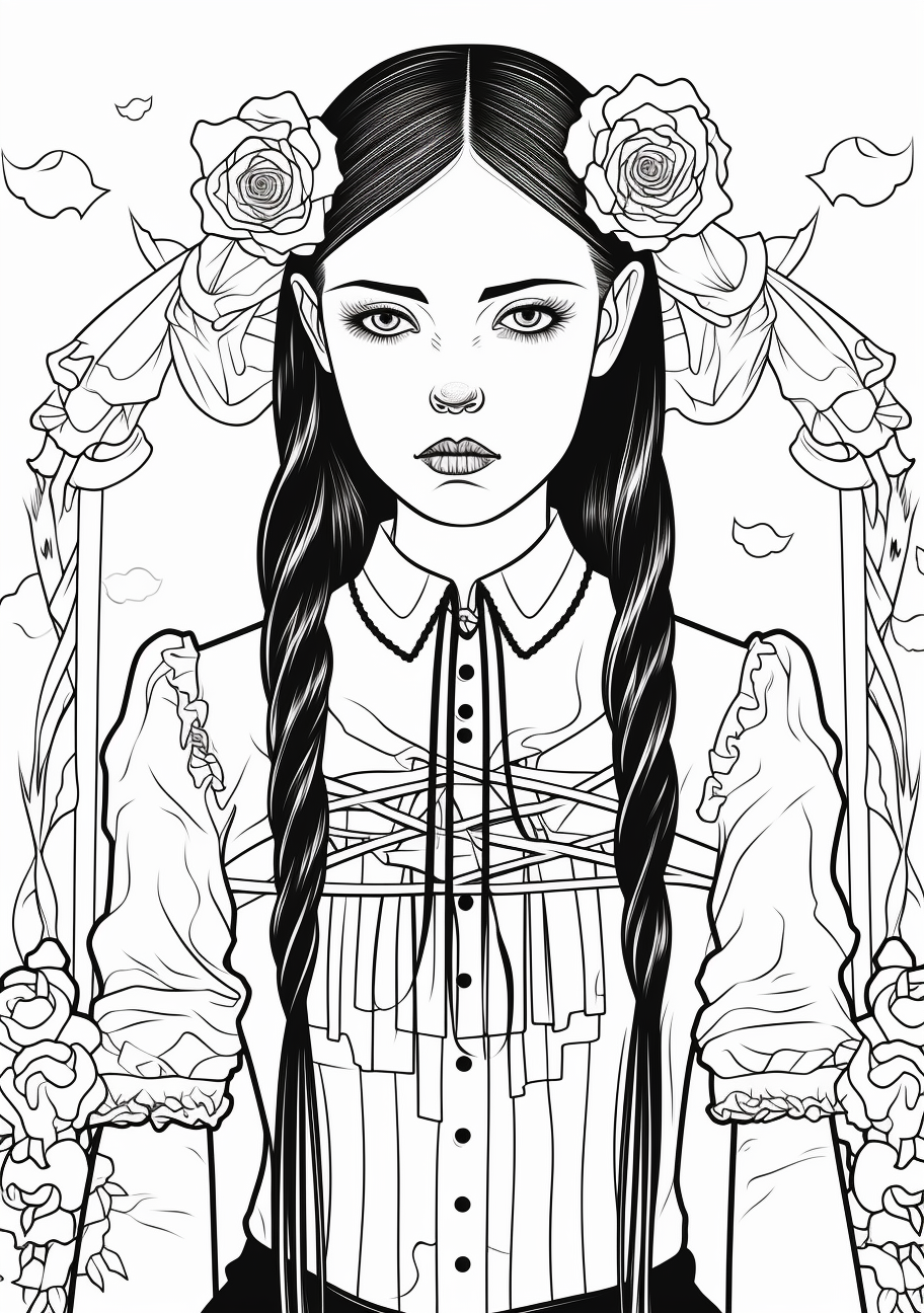 Portrait style image of Wednesday Addams with intricate patterns. printable coloring page, black and white, free download