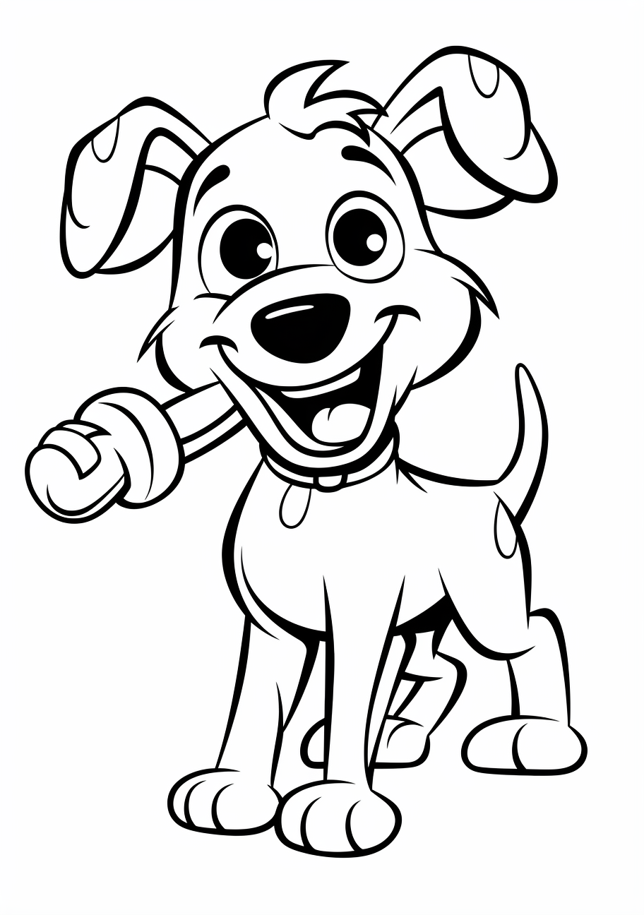 A playful cartoon dog with a chew toy, illustrated through simple and expressive lines. printable coloring page, black and white, free download