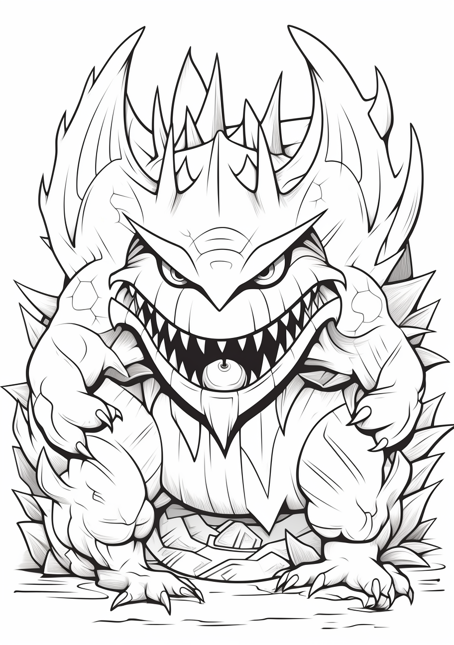 Mega Gengar in a contemplative stance with intricate patterns and detailed forms. printable coloring page, black and white, free download