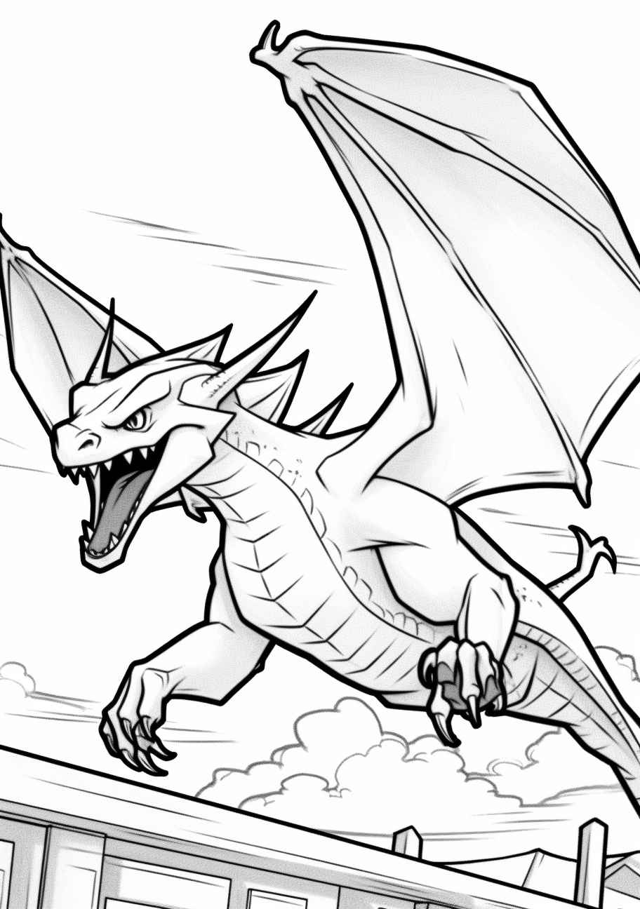 Charizard in flight, shown in an easy-to-color cartoon style printable coloring page, black and white, free download