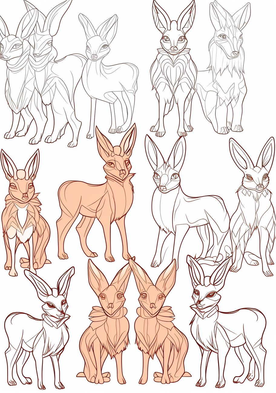 Eevee evolutions designed with basic shapes and uncluttered details. printable coloring page, black and white, free download