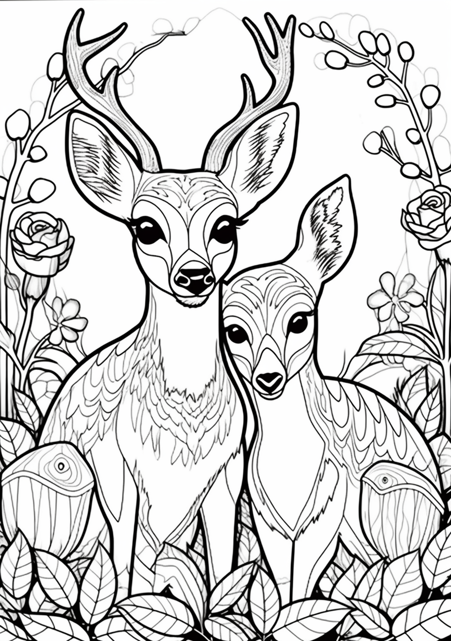 Assortment of woodland creatures like squirrels and deer with heart-shaped objects; fine, detailed lines.printable coloring page, black and white, free download