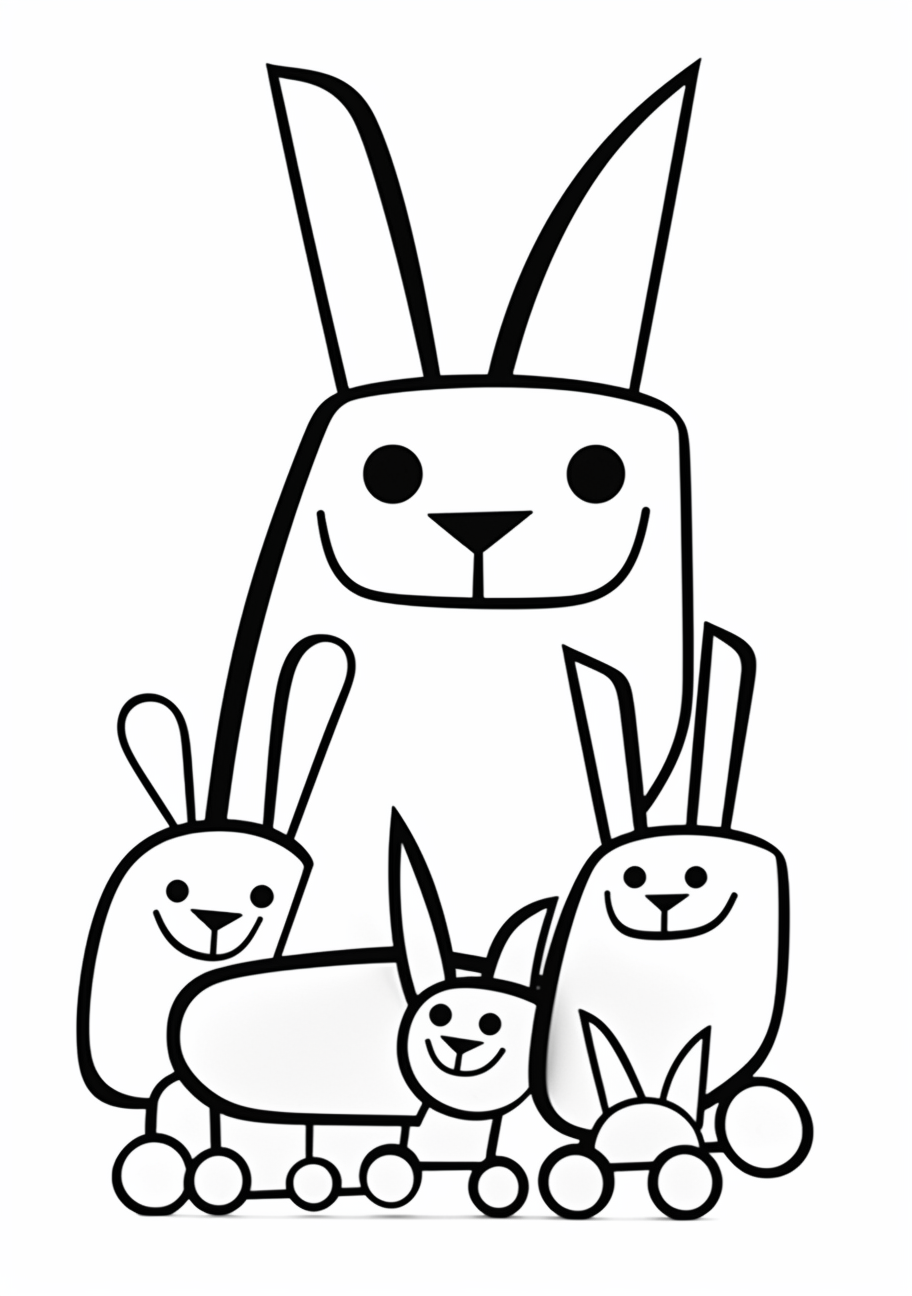 Bunny family bonding time depicted; simple shapes with clear outlines.printable coloring page, black and white, free download