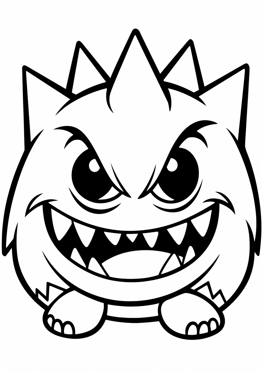 Gengar with one eye winking, fun and playful; uses simple shapes for beginners. printable coloring page, black and white, free download