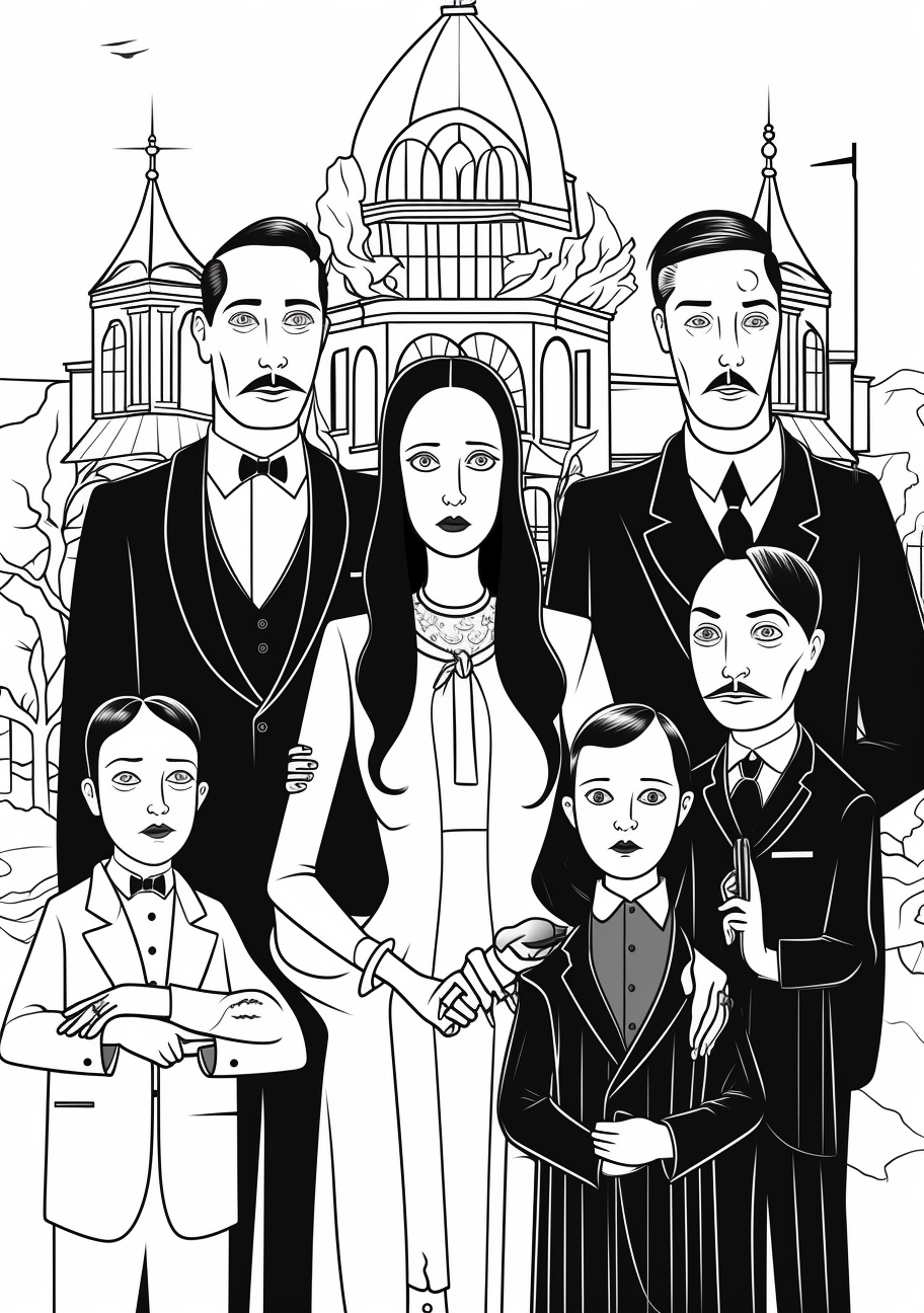 Illustration of the Addams Family, with Wednesday being at the center; precise and clear outlines. printable coloring page, black and white, free download