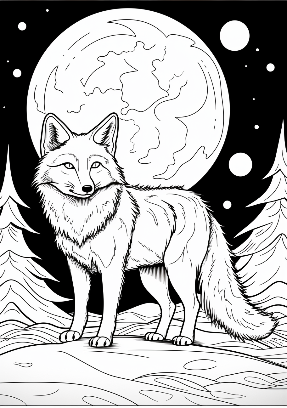 A fox placed on a starry backdrop; constellation style design with bold outlines.printable coloring page, black and white, free download
