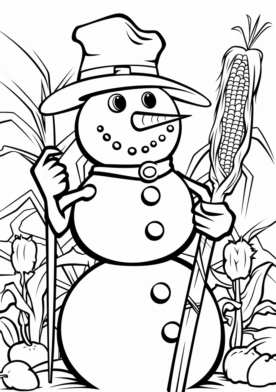 Snowman against the backdrop of snowflakes; bold outlines with basic details.printable coloring page, black and white, free download