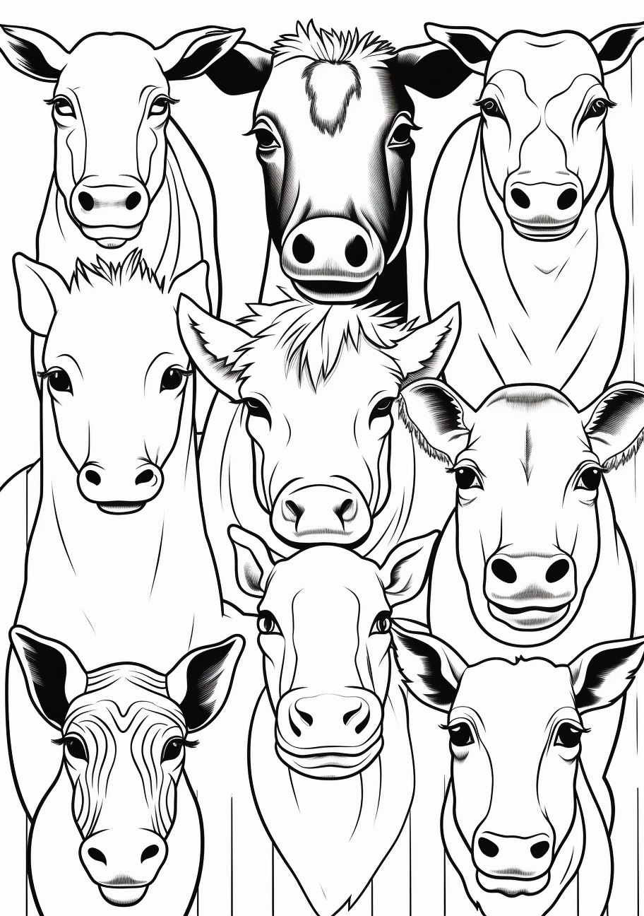 Faces of barnyard animals like ducks and horses; clean, crisp lines emphasizing expressions.printable coloring page, black and white, free download