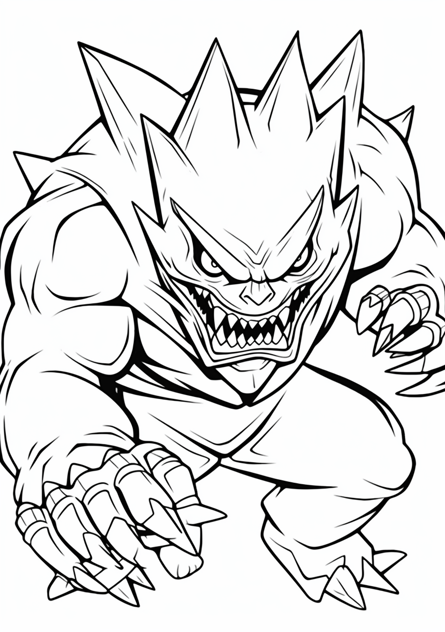 Mega Gengar presented in a battle-ready pose; distinct use of fine line details. printable coloring page, black and white, free download
