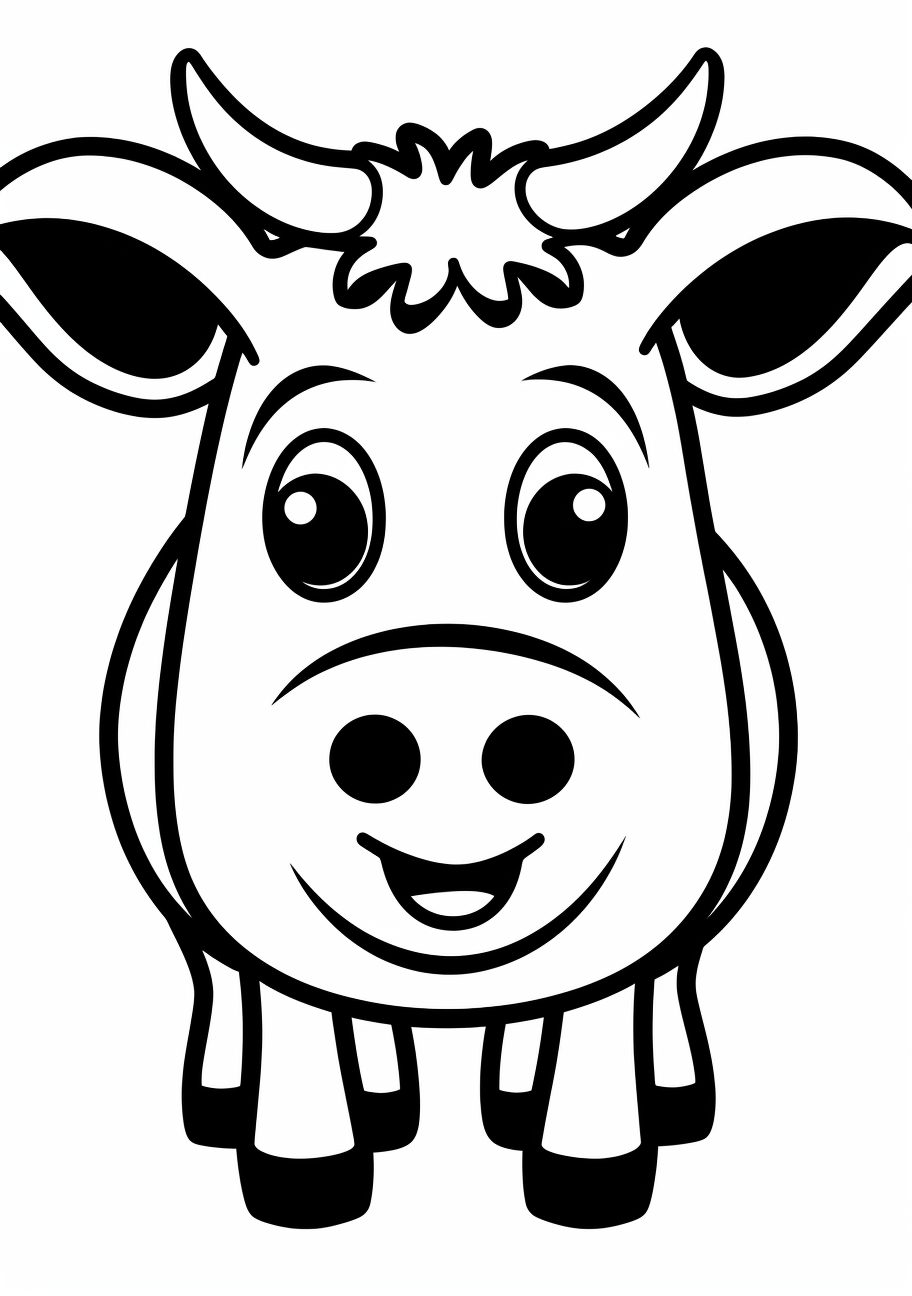 A playful cartoon cow with large eyes and a smiling face; simple lines and bold shapes.printable coloring page, black and white, free download