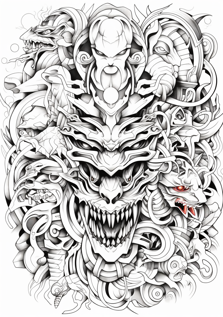 Collection of final evolution Pokemon in various action poses; strong lines, intricate Pokemon designs. printable coloring page, black and white, free download