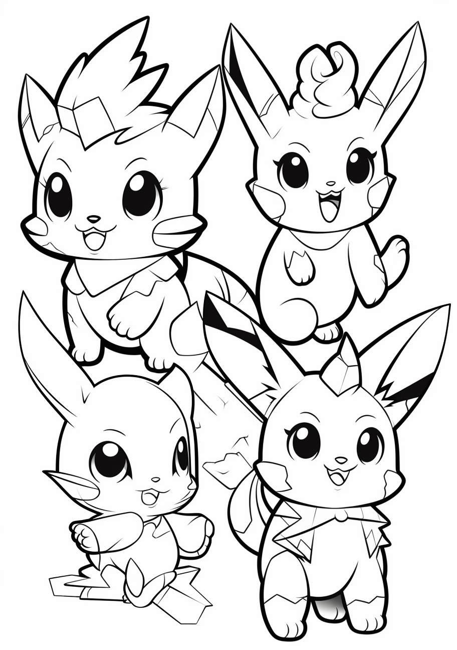 Pichu, Pikachu, and Raichu: the transformation of an iconic Pokemon; bold, simple lines. printable coloring page, black and white, free download