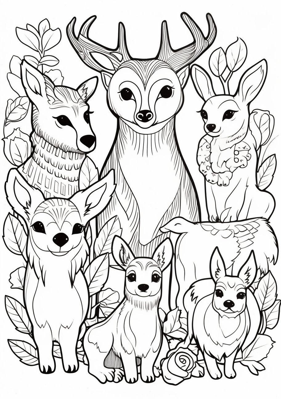 Jungle animals like monkeys and parrots holding heart-shaped vines; intricate and playful design.printable coloring page, black and white, free download