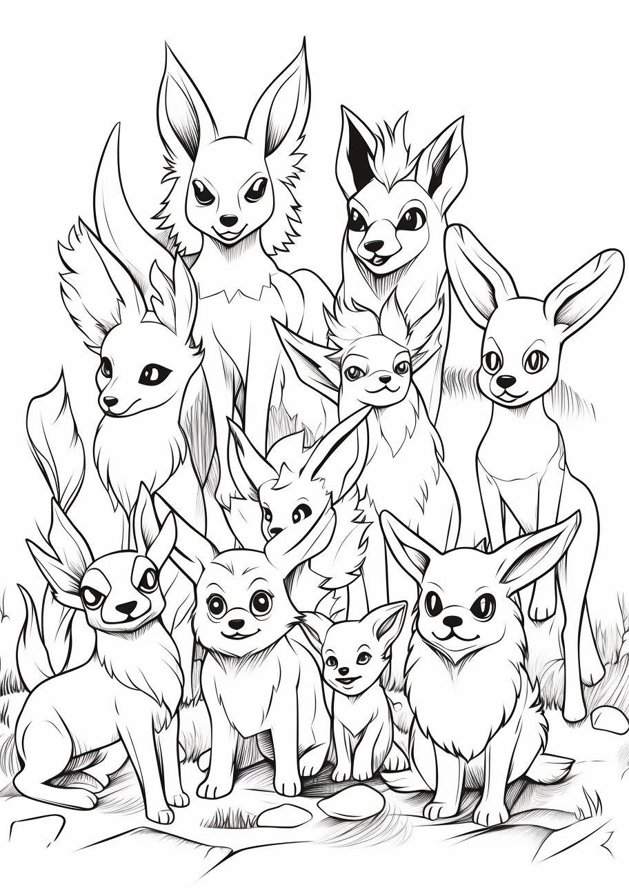 A harmonious blend of various Eevee evolutions; simple lines and neat outlines. printable coloring page, black and white, free download
