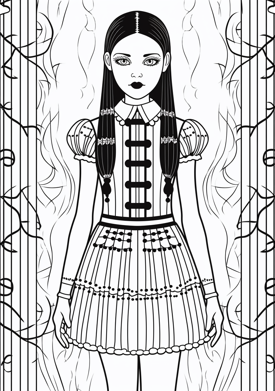 Wednesday Addams dressed in her iconic outfit; detailed patterns on the dress. printable coloring page, black and white, free download