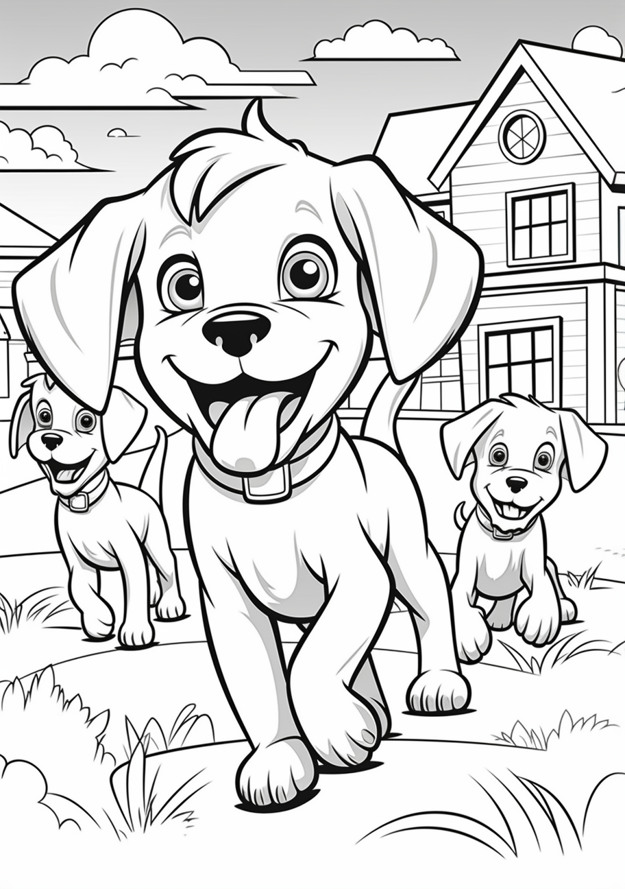 Happy puppies in dynamic poses; moderate detailing for a fun coloring experience. printable coloring page, black and white, free download
