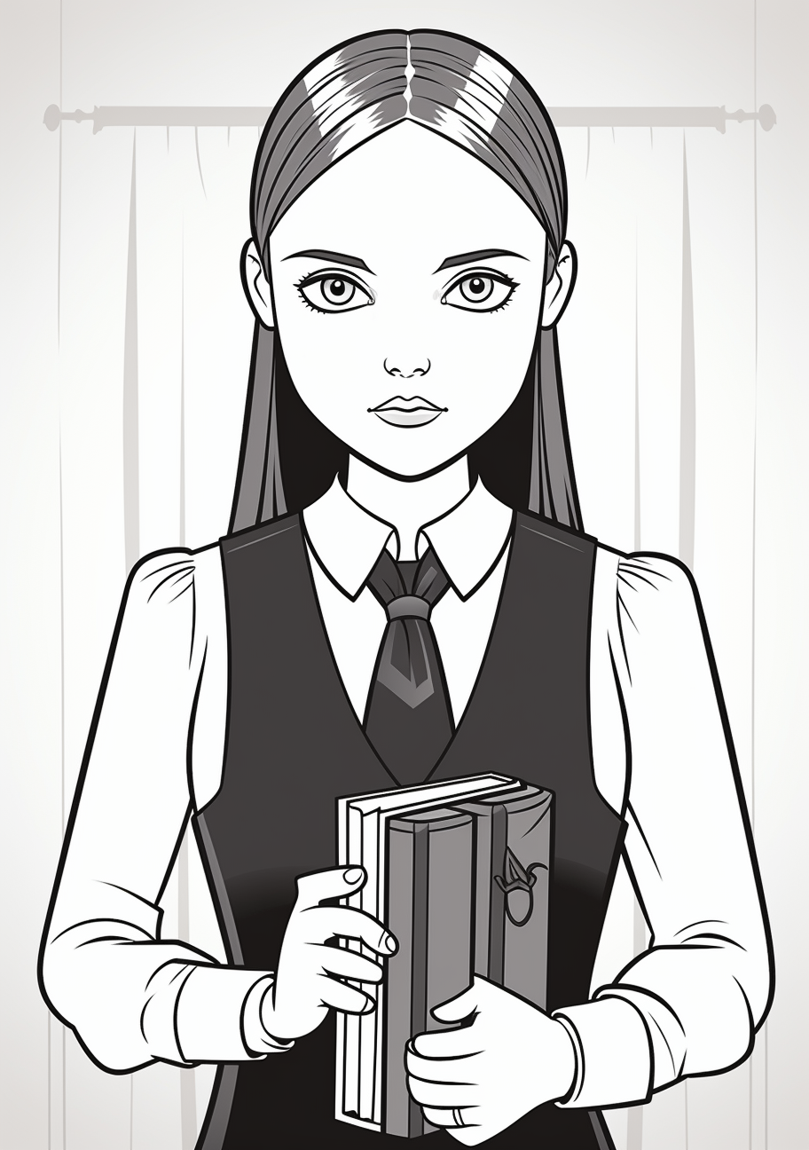 Avid reader Wednesday Addams; sharp outline with a book. printable coloring page, black and white, free download