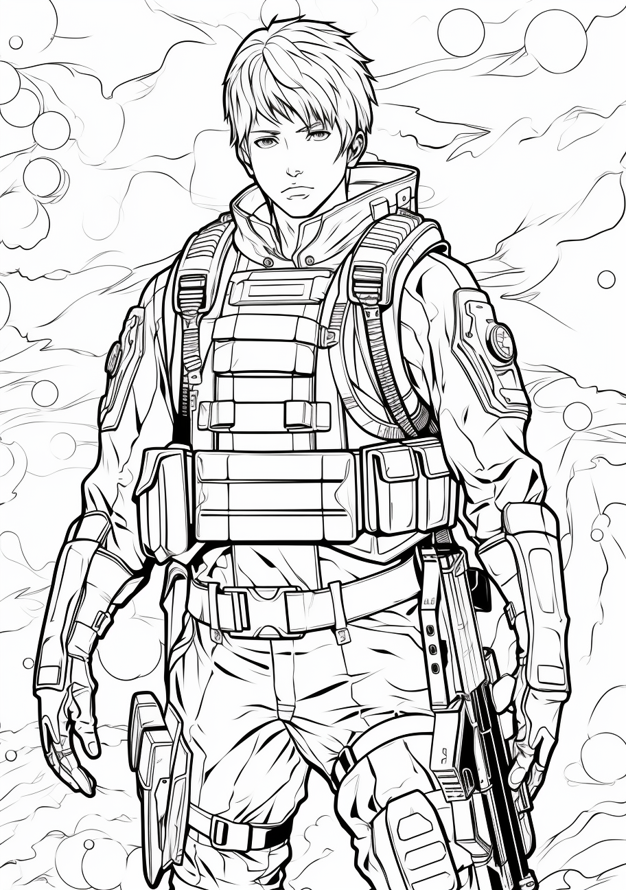 Anime hero with arms crossed, a serious expression; defined outlines and medium details.