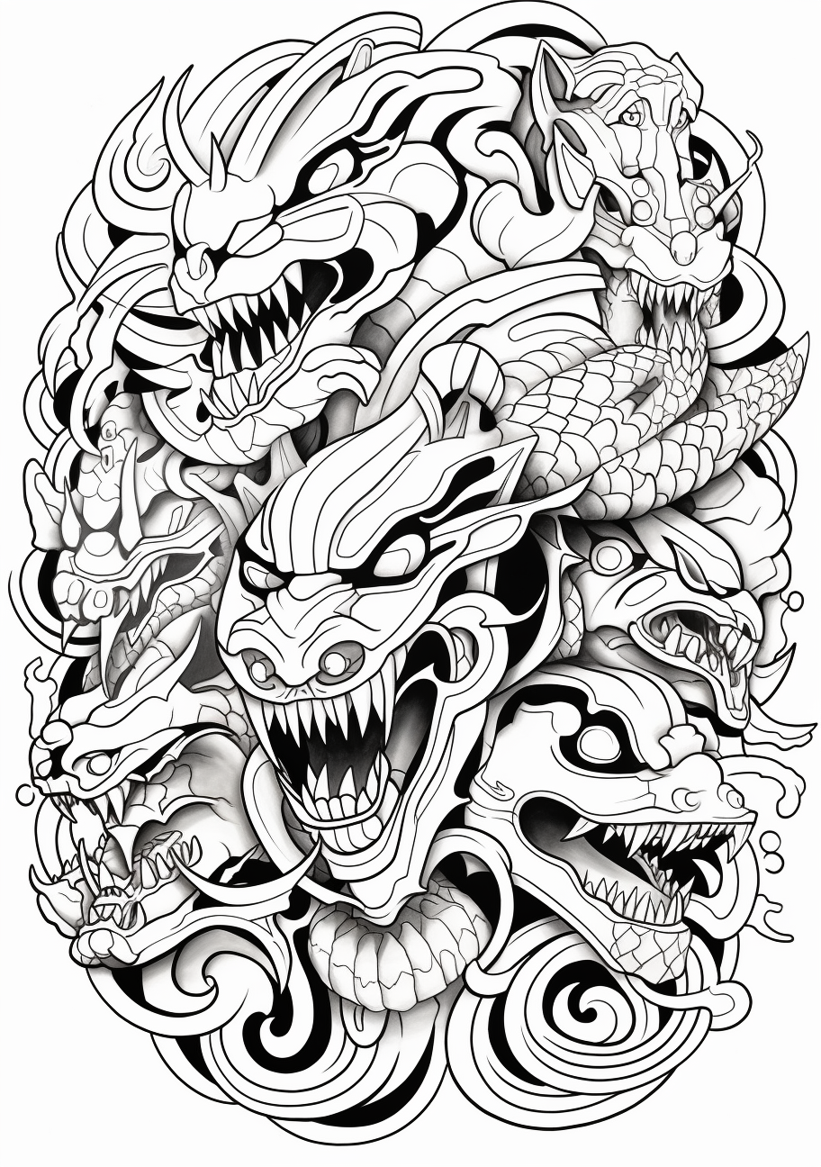 Ultimate evolution Pokemon in a face-off; sharp, detailed illustrations of Pokemon. printable coloring page, black and white, free download