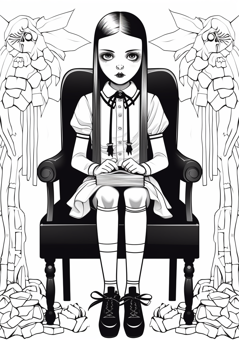 Wednesday Addams sitting alone with a book, detailed illustration with focus on facial expression and intricate line work. printable coloring page, black and white, free download